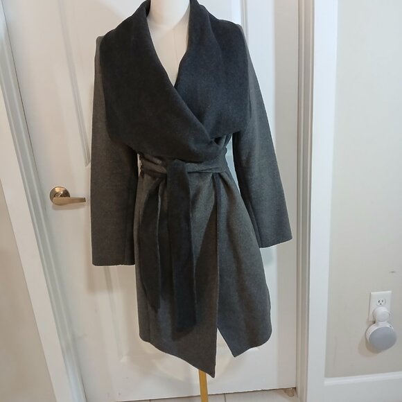 Michael Kors Wool Blend Wrap Coat Jacket Women’s Size S Gray Black Belted - Picture 2 of 6